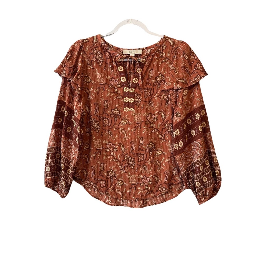 Loft Floral Ruffle Crinkle Tie Auburn Rust Top S Romantic Boho Peasant Cottage